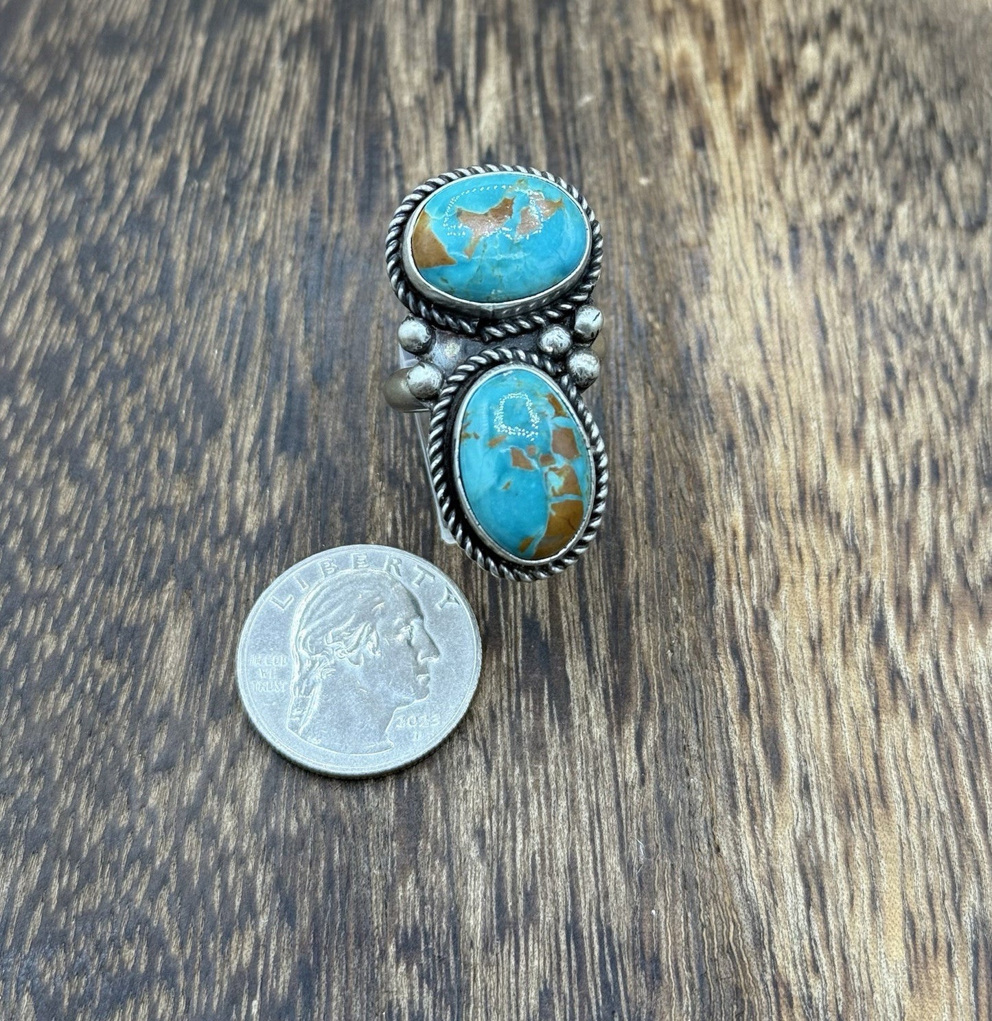 Navajo Handmade Sterling Silver Royston Turquoise Adjustable Ring Size 7 To 9