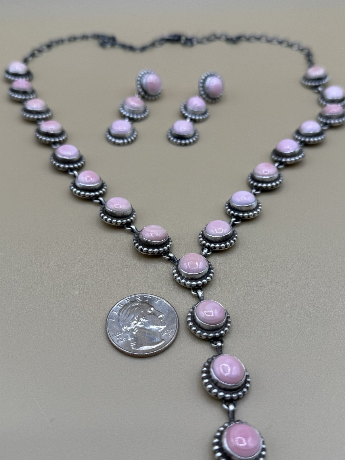 Navajo Handmade Sterling Silver Pink Conch Lariat Dangle Necklace Super Long