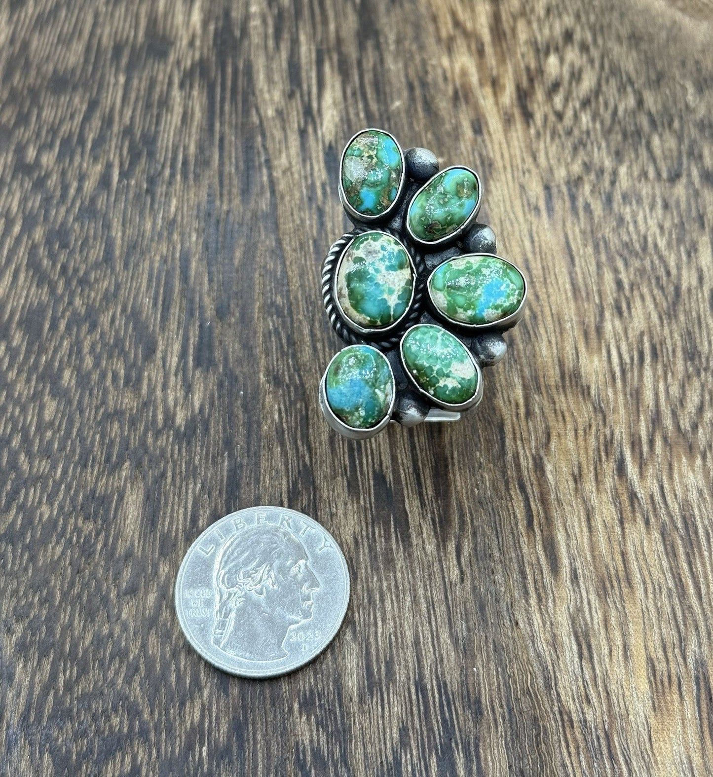 Navajo Handmade Sterling Silver Sonoran Gold Turquoise Half Cluster Ring Size 8