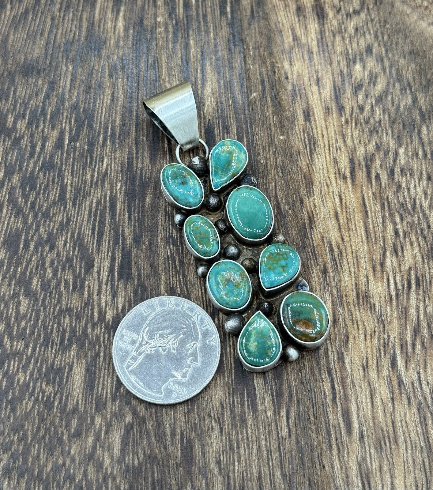 Native Navajo Handmade Sterling Silver Kingman Turquoise Cluster Drop Pendant