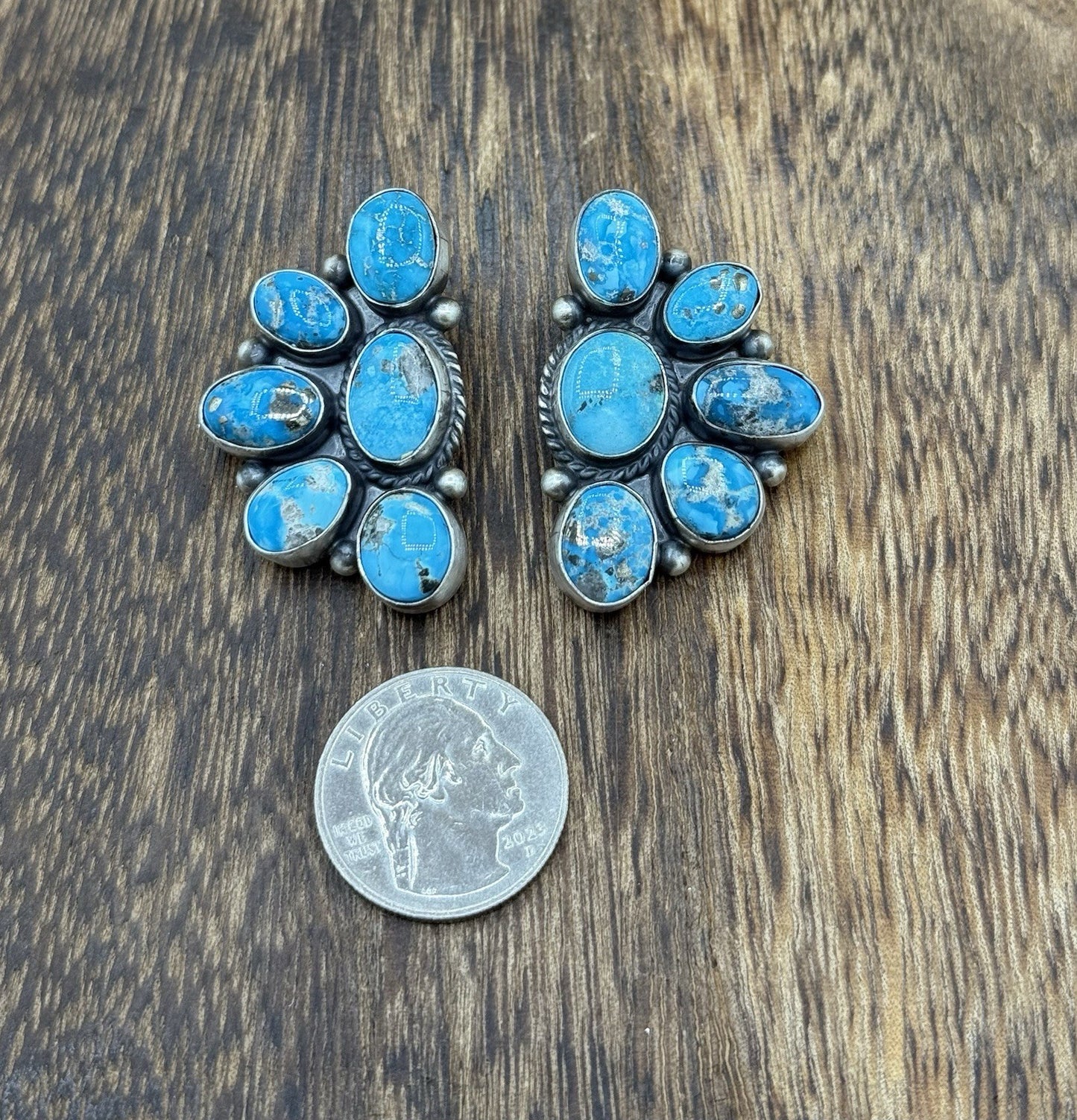 Navajo Handmade Sterling Silver Blue Ridge Turquoise Half Cluster Large Earrings