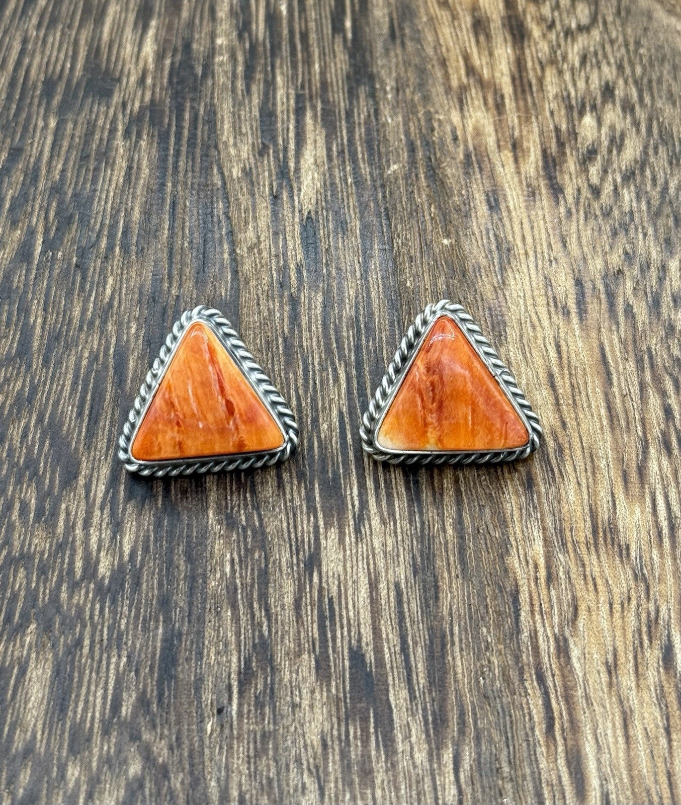 Native Navajo Handmade Sterling Silver Orange Spiny Oyster Shell Stud Earrings