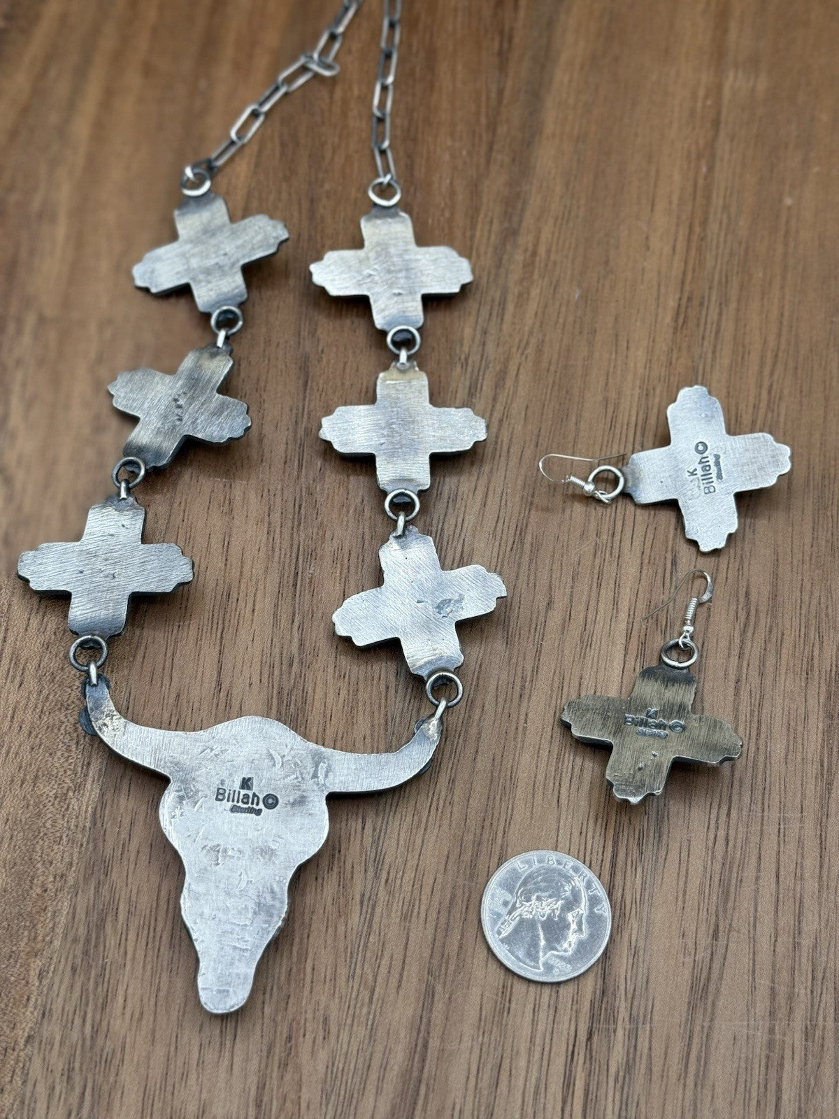 Navajo Handmade Sterling Silver Sonoran Gold Turquoise Longhorn Zia Necklace Set