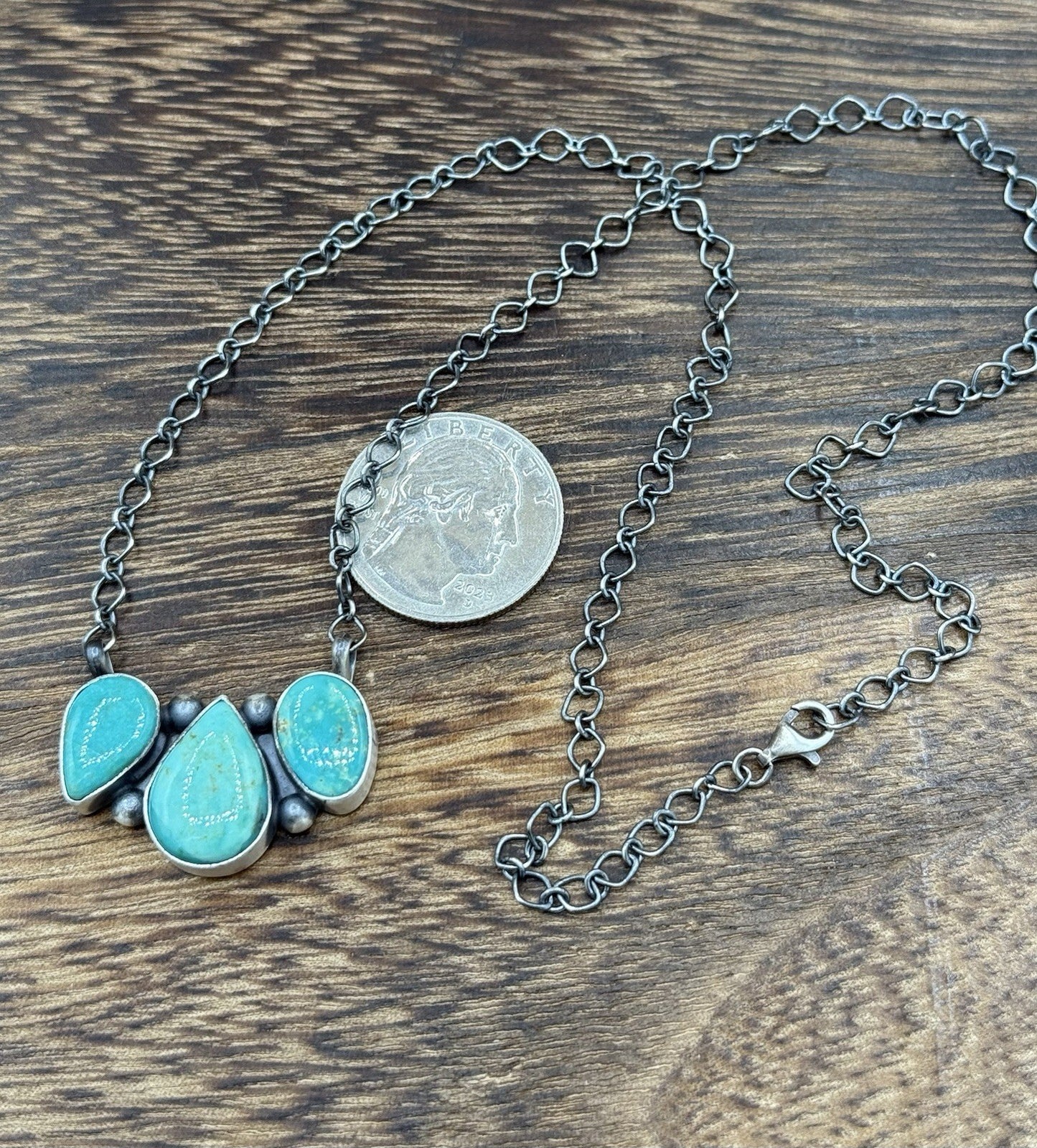 Navajo Handmade Sterling Silver Kingman Turquoise Cluster Bar Necklace 18”