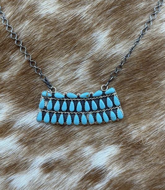 Native Navajo Handmade Sterling Silver Turquoise Cluster Bar Necklace 18”