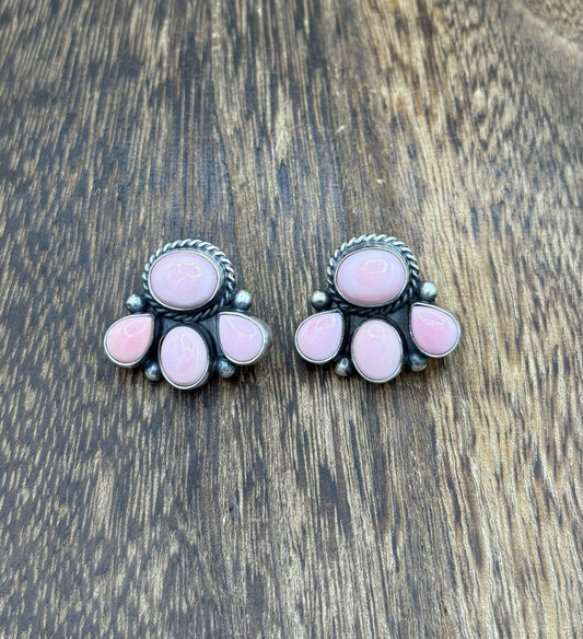 Native Navajo Handmade Sterling Silver Pink Conch Shell Cluster Earrings