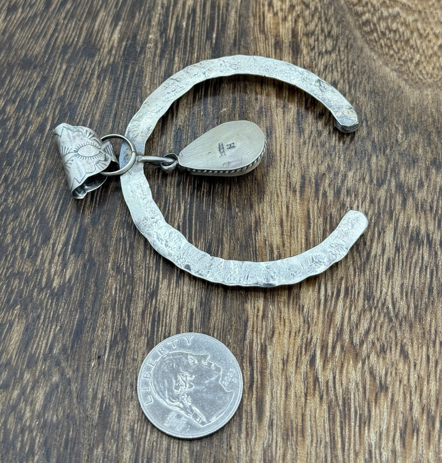 Navajo Handmade Sterling Silver Stamped Red Spiny Oyster Shell Naja Pendant
