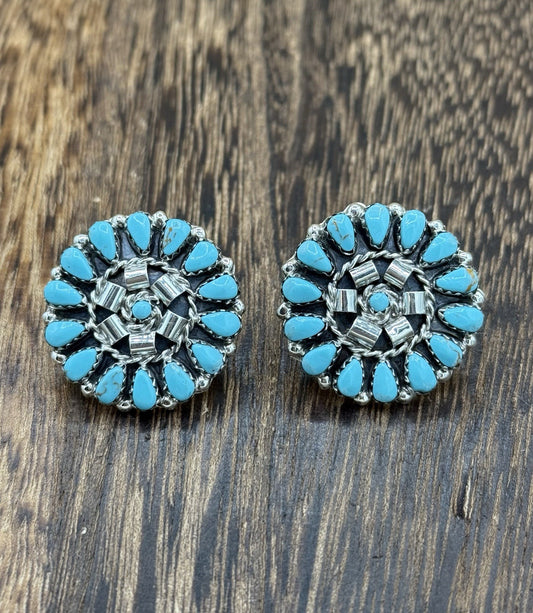 Native American Navajo Handmade Sterling Silver Turquoise Cluster Post earrings