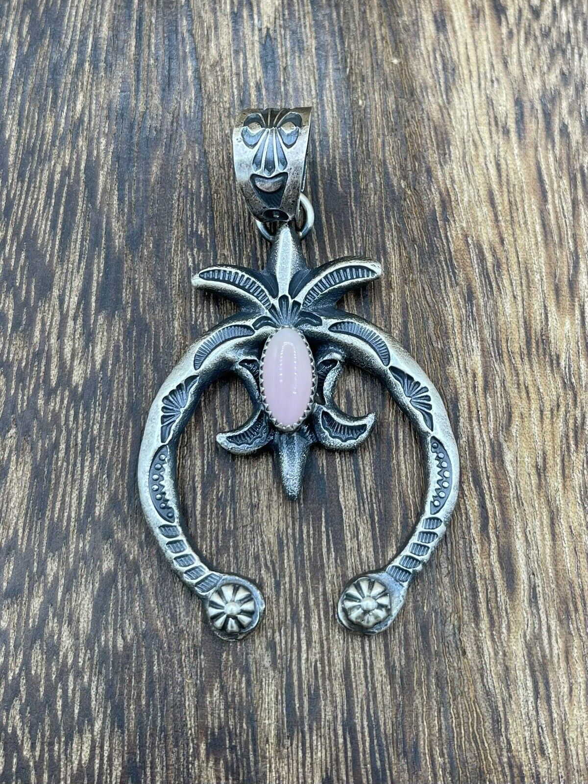 Native American Indian Navajo Handmade Silver Old Look Pink Concho Naja Pendant