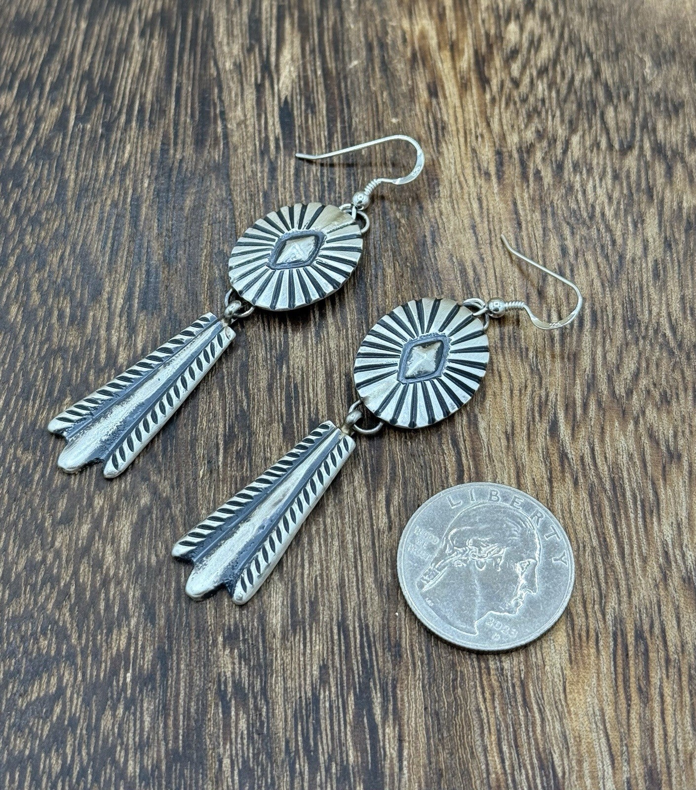 Navajo Handmade Sterling Silver Old Look Stamped Concho Design Dangle Earrings