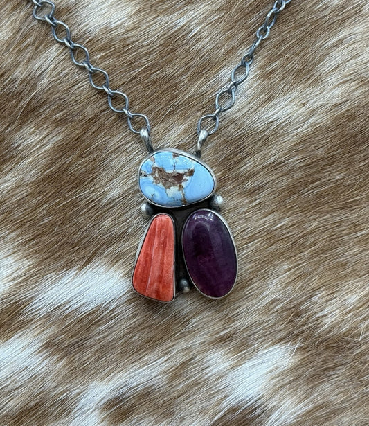 Navajo Handmade Sterling Silver Multi stone Turquoise  Cluster Bar Necklace 18”