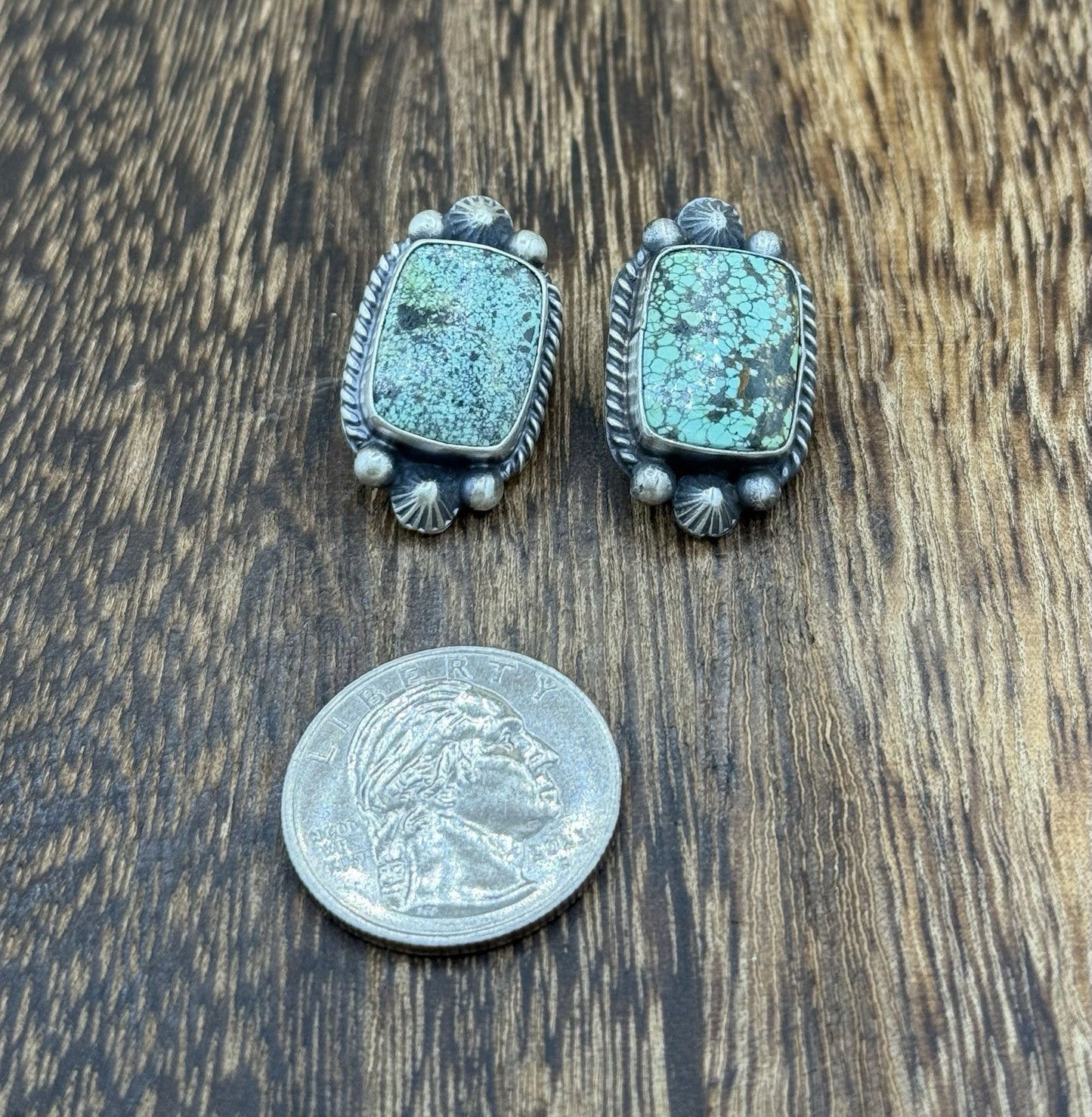 Navajo Handmade Sterling Silver Blackjack Turquoise Old Look Post Stud Earrings