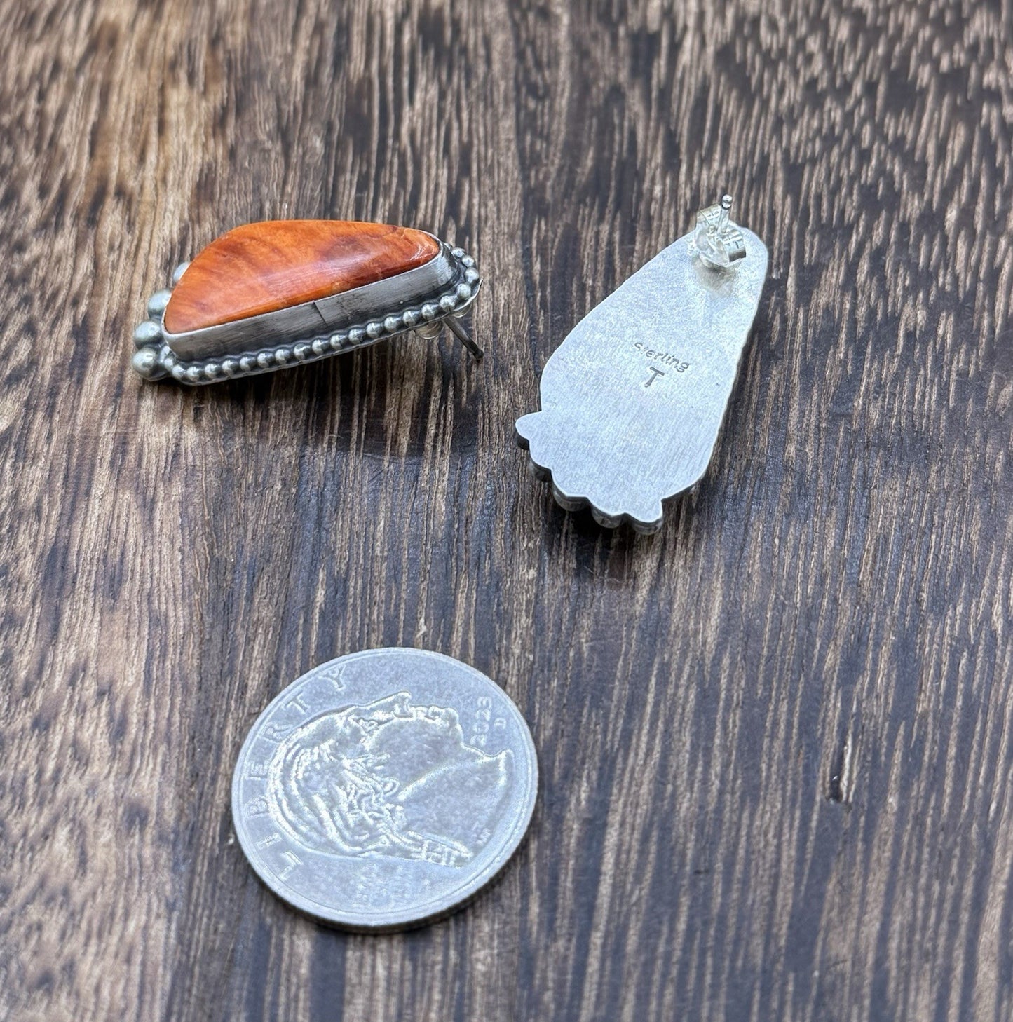 Native Navajo Handmade Sterling Silver Orange Spiny Oyster Post Stud Earrings
