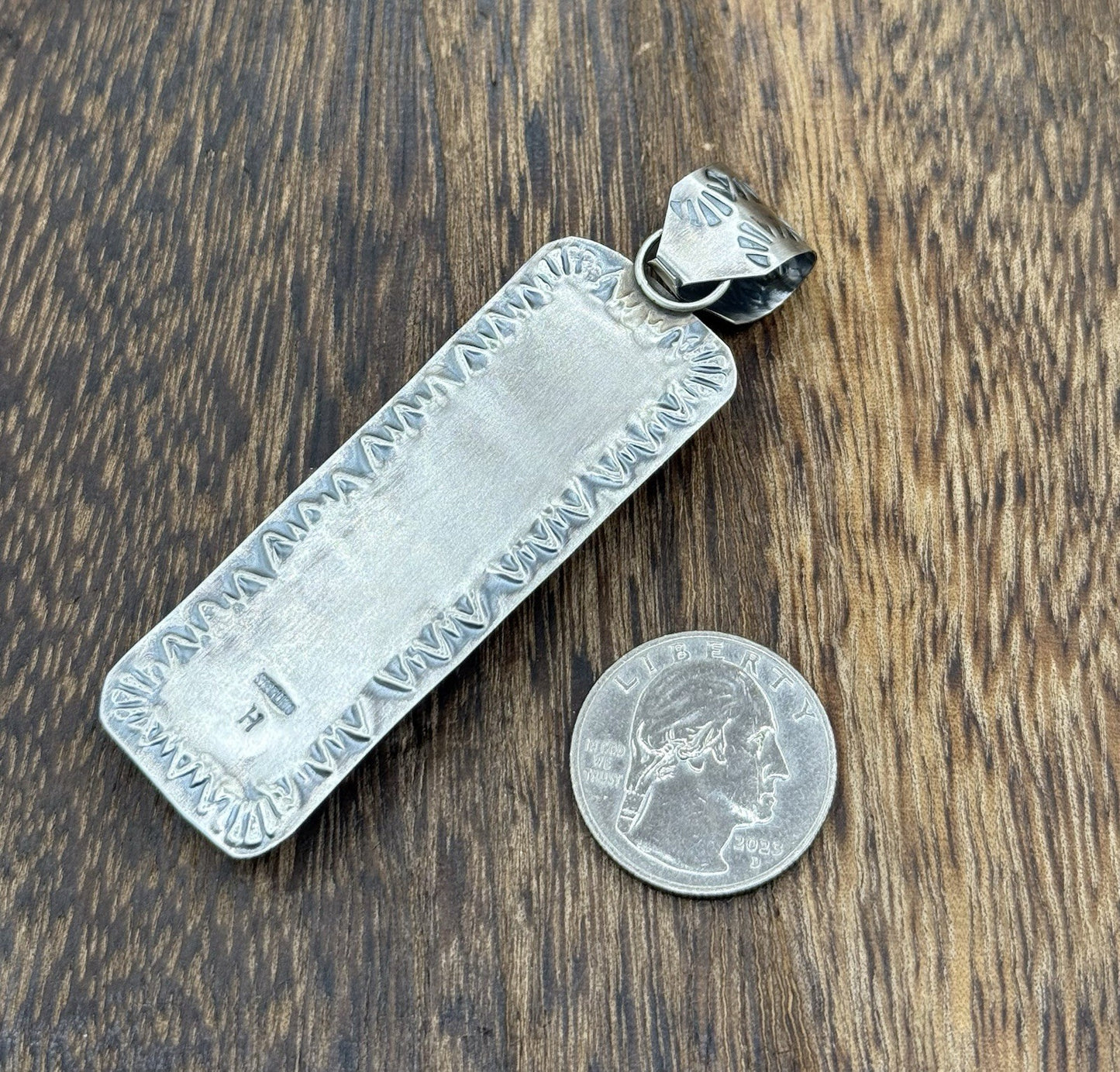 Navajo Handmade Sterling Silver Golden Hills Turquoise Stamped Drop Pendant