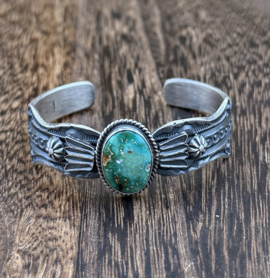 Navajo Handmade Sterling Silver Emerald Valley Turquoise Old look Cast Bracelet