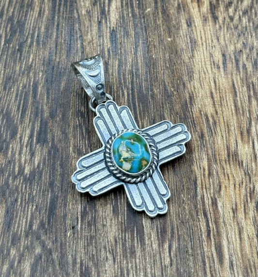 Navajo Handmade Sterling Silver Old Look Sonoran Gold Turquoise Zia Pendant