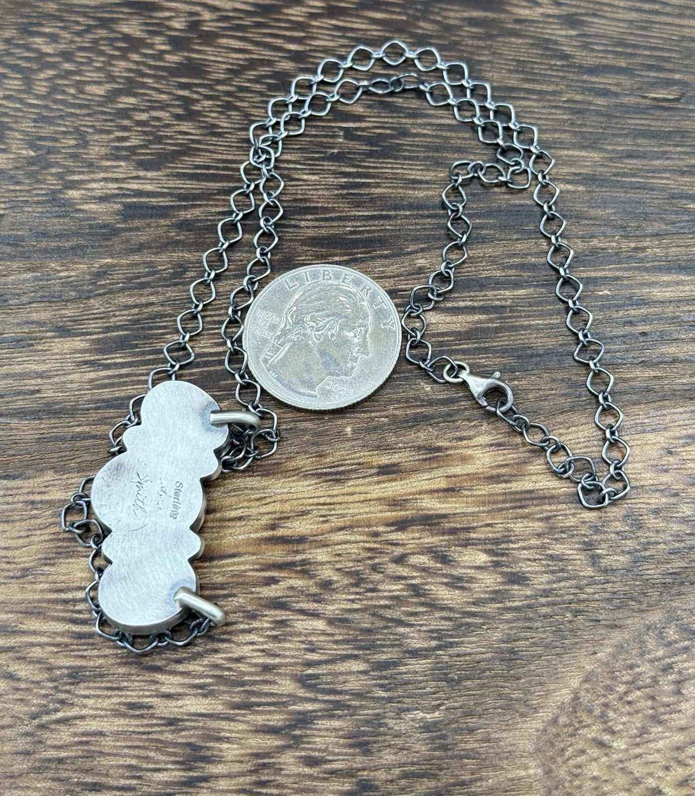 Navajo Handmade Sterling Silver Kingman Turquoise Cluster Bar Necklace 18”