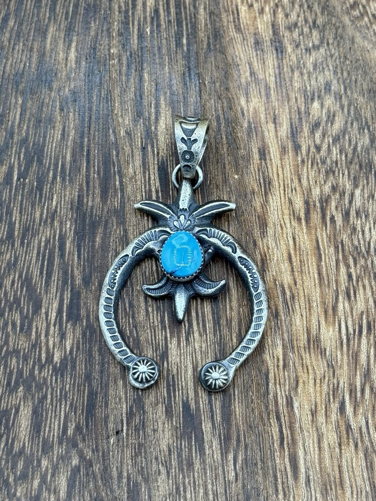 Native American Navajo Handmade Silver Old Look Kingman Turquoise Naja Pendant
