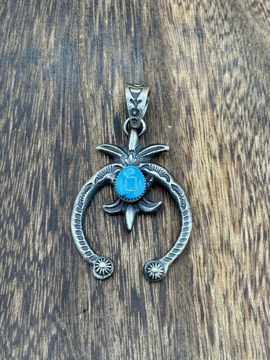 Native American Navajo Handmade Silver Old Look Kingman Turquoise Naja Pendant