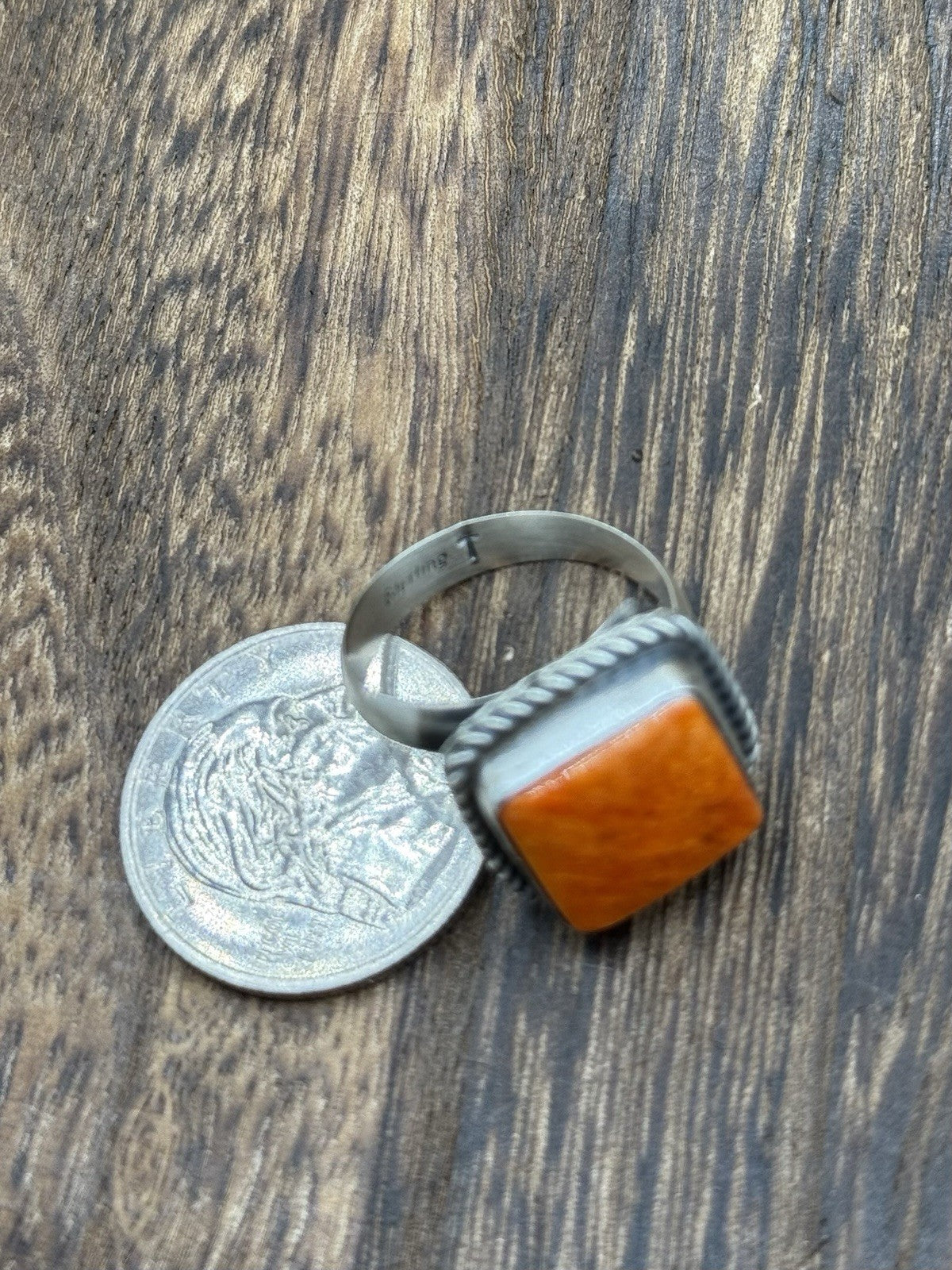 Navajo Handmade Sterling Silver Orange Spiny Oyster Adjustable Ring Size 7 - 10