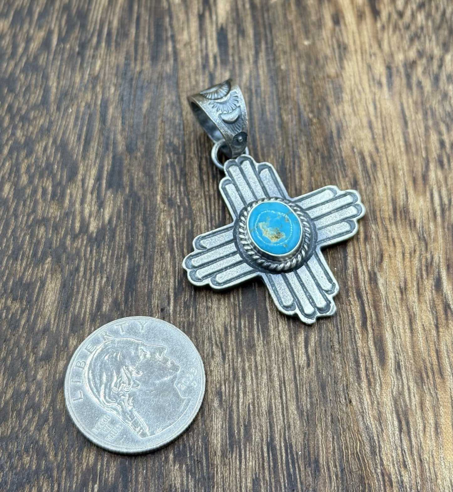Navajo Handmade Sterling Silver Old Look Kingman Turquoise Zia Pendant Kevin B.