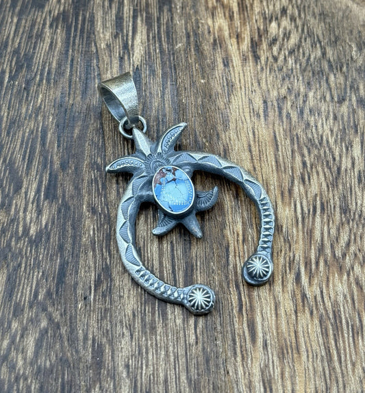Navajo Handmade Sterling Silver Old Look Golden Hills Turquoise Naja Pendant