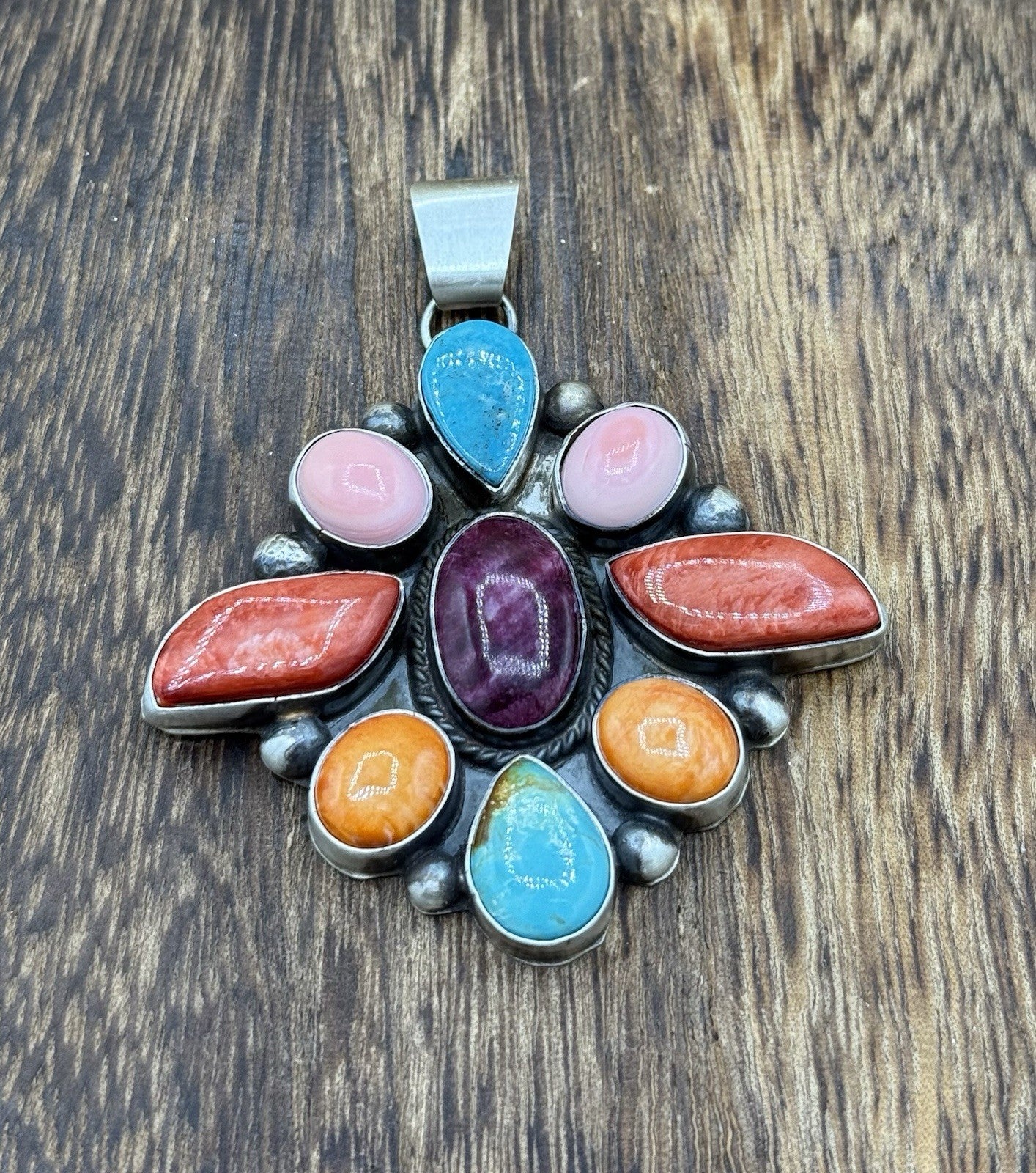 Navajo Handmade Sterling Silver Multi Color Turquoise Spiny Cluster Pendant Lg.