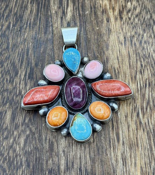 Navajo Handmade Sterling Silver Multi Color Turquoise Spiny Cluster Pendant Lg.
