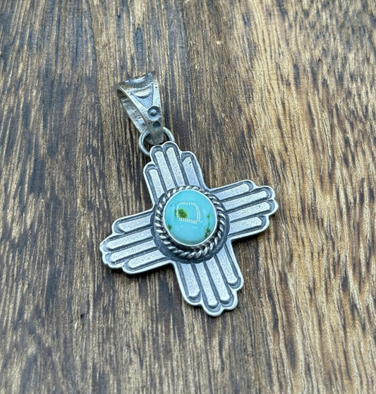 Navajo Handmade Sterling Silver Old Look Sonoran Gold Turquoise Zia Pendant