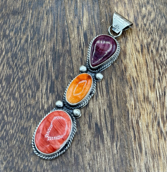 Native Navajo Handmade Sterling Silver Multi Spiny Oyster Shell Drop Pendant