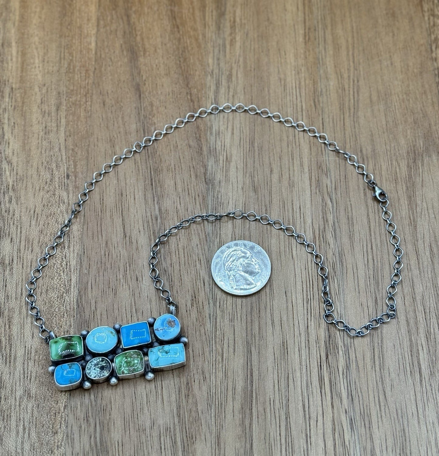 Navajo Handmade Sterling Silver Mixed Stone Turquoise Cluster Bar Necklace 18”
