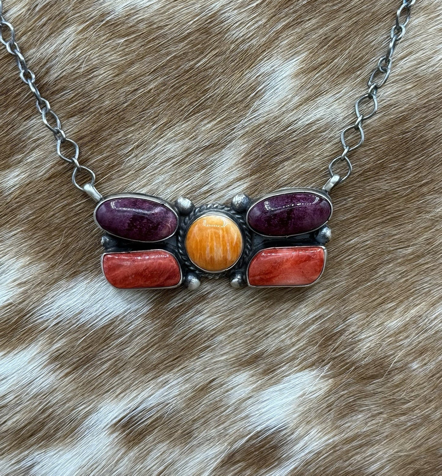 Navajo Handmade Sterling Silver Multi Stone Color Cluster Bar Necklace 18”