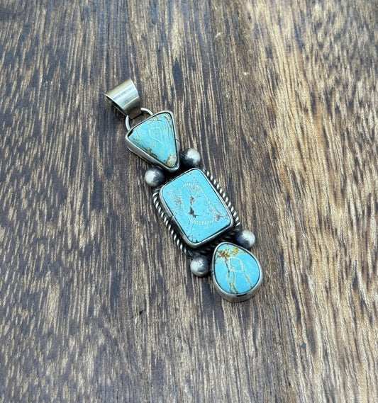 Navajo Handmade Sterling Silver Blue Glacier Turquoise Cluster Drop Pendant