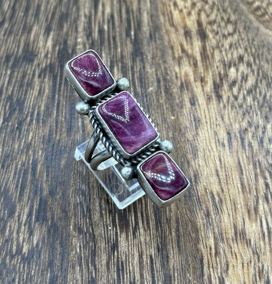 Navajo Handmade Sterling Silver Purple Spiny Oyster Shell Cluster Ring Size 9