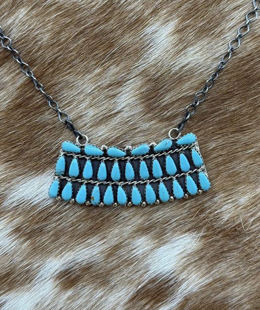 Native Navajo Handmade Sterling Silver Turquoise Cluster Bar Necklace 18”