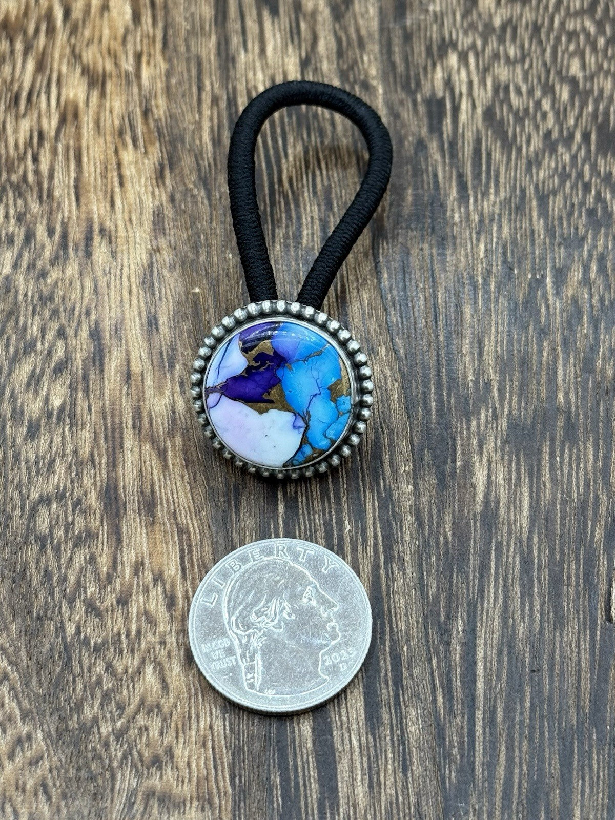 Native Navajo Handmade Sterling Silver Violet Rose & Blue Dahlia Hair Tie