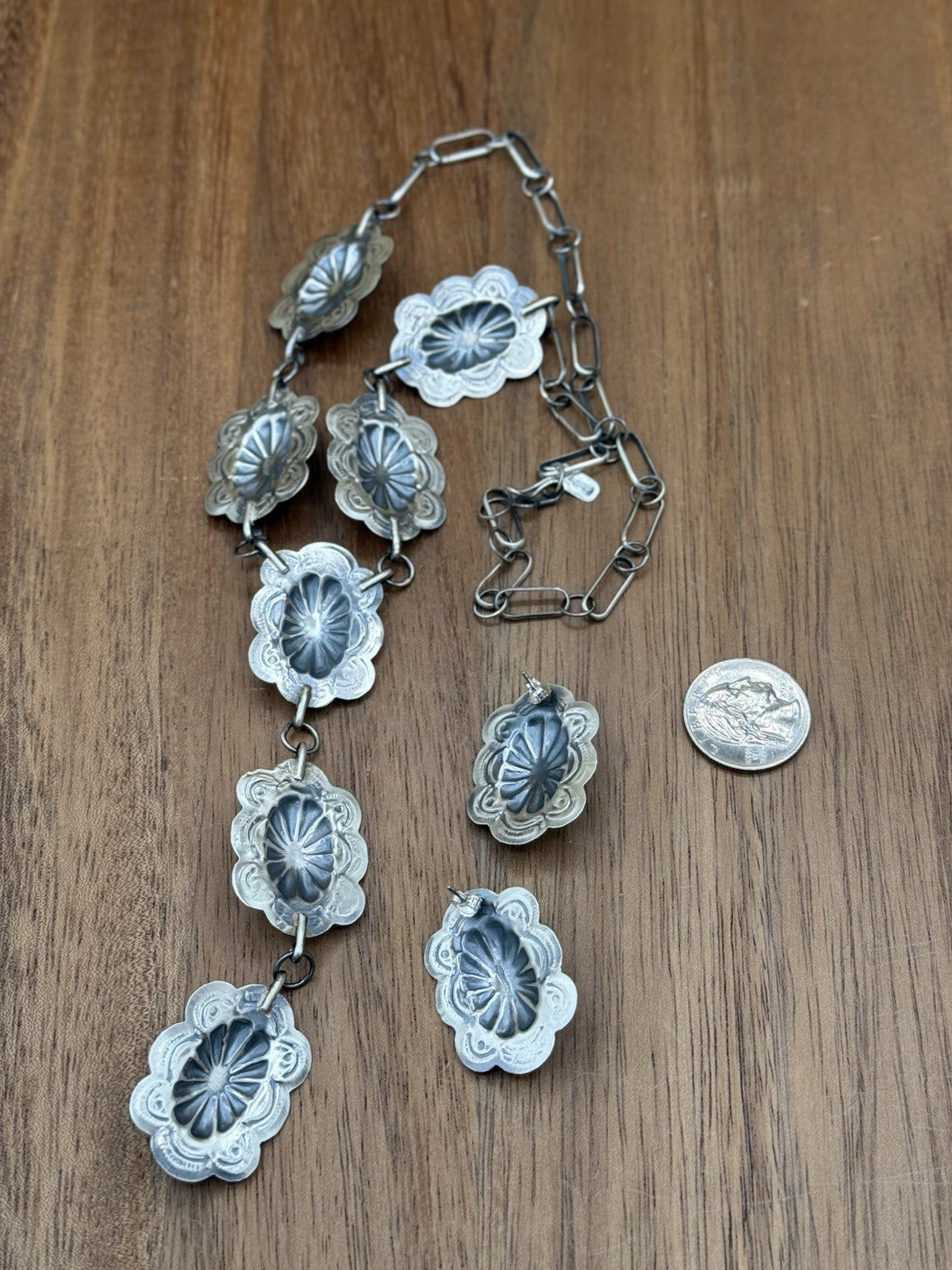 Navajo Handmade Sterling Silver Stamped Concho Turquoise Lariat Necklace Set 20”