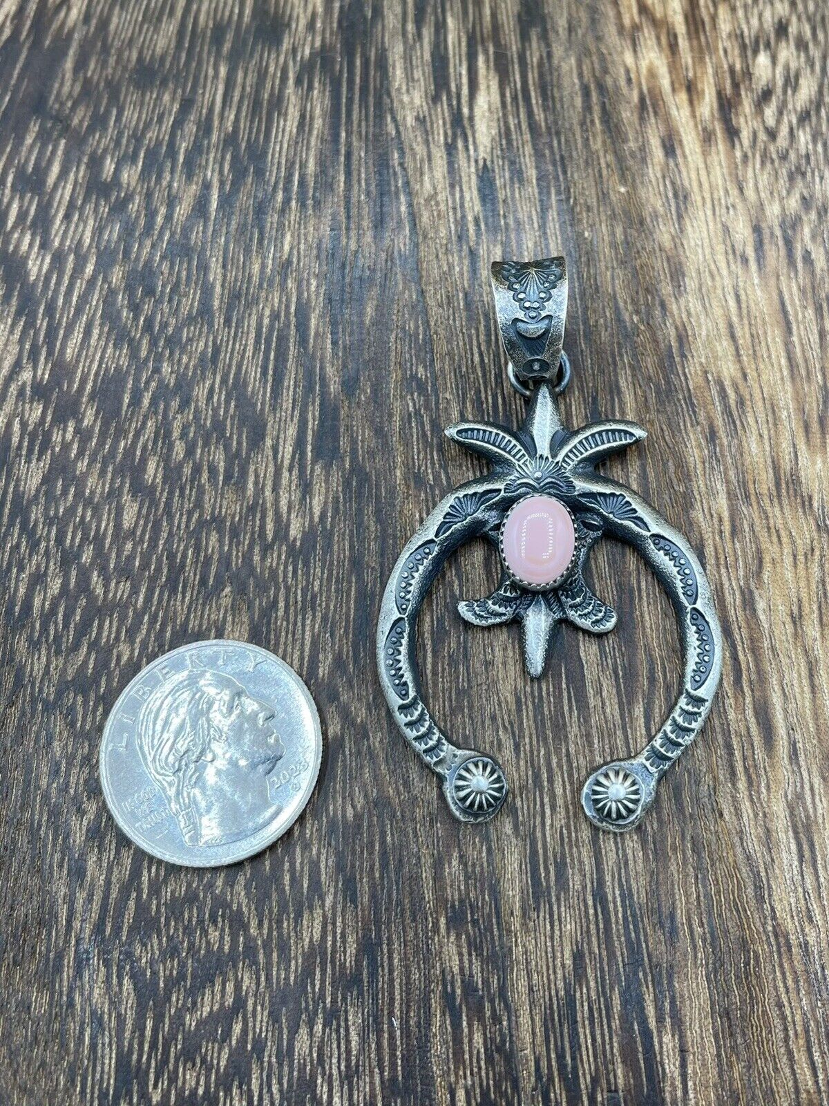 Native American Indian Navajo Handmade Silver Old Look Pink Concho Naja Pendant