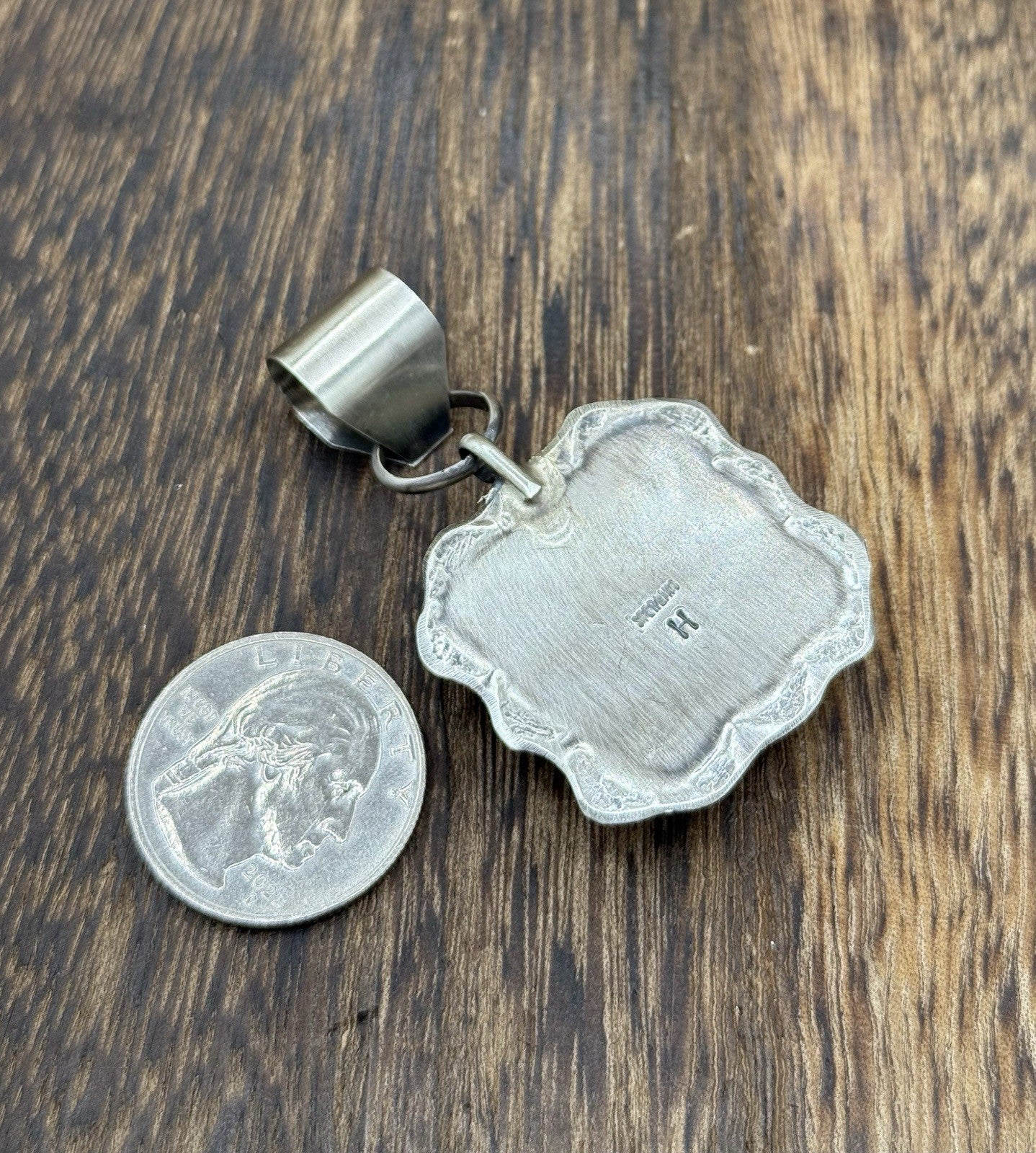 Navajo Handmade Sterling Silver Royston Turquoise Stamped Design Drop Pendant