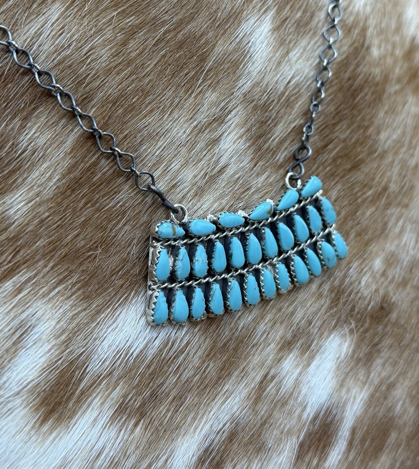 Native Navajo Handmade Sterling Silver Turquoise Cluster Bar Necklace 18”