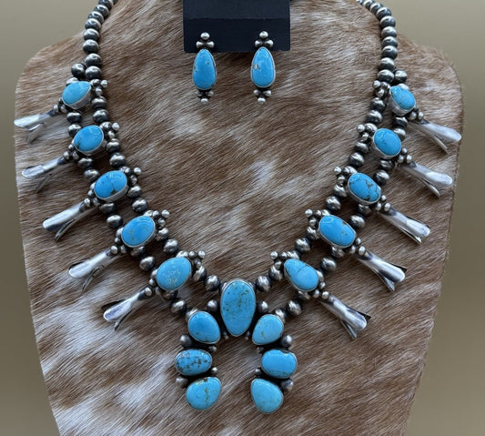 Navajo Handmade Sterling Silver Kingman Turquoise Squash Blossom Necklace 20”