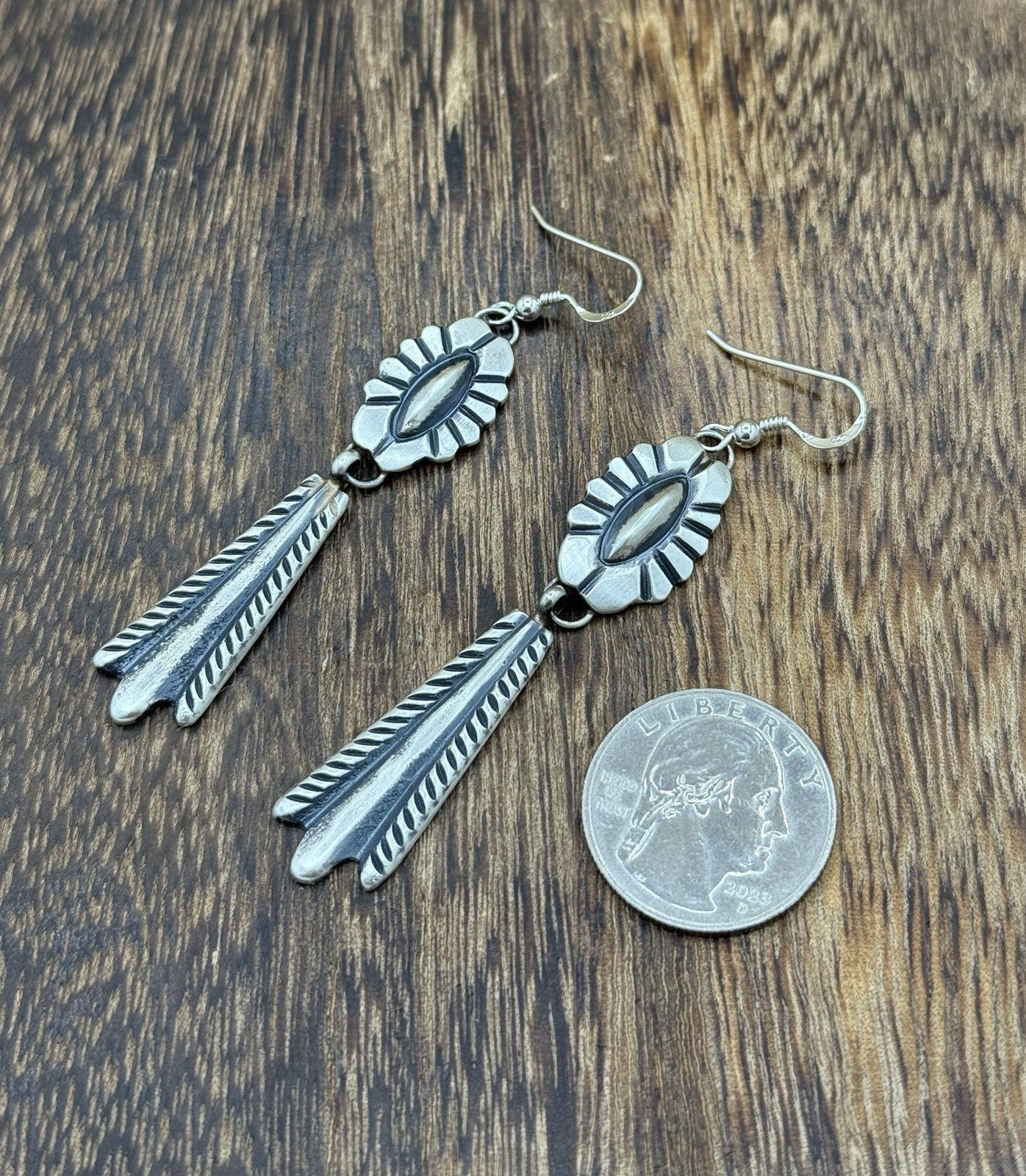 Navajo Handmade Sterling Silver Old Look Stamped Concho Design Dangle Earrings