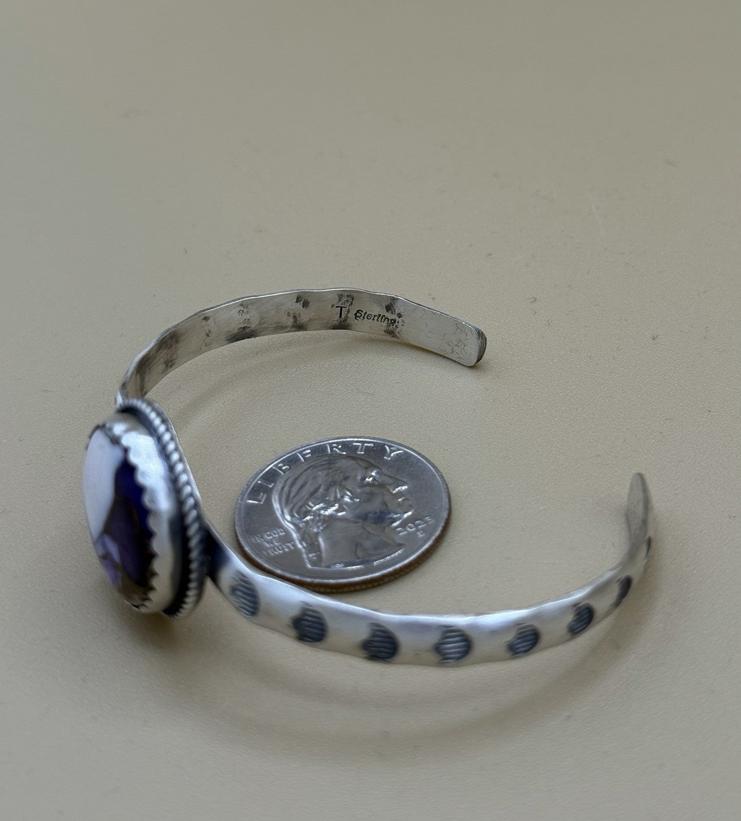 Navajo Handmade Sterling Silver Violet Rose Dahlia Stamped Stacker Cuff Bracelet