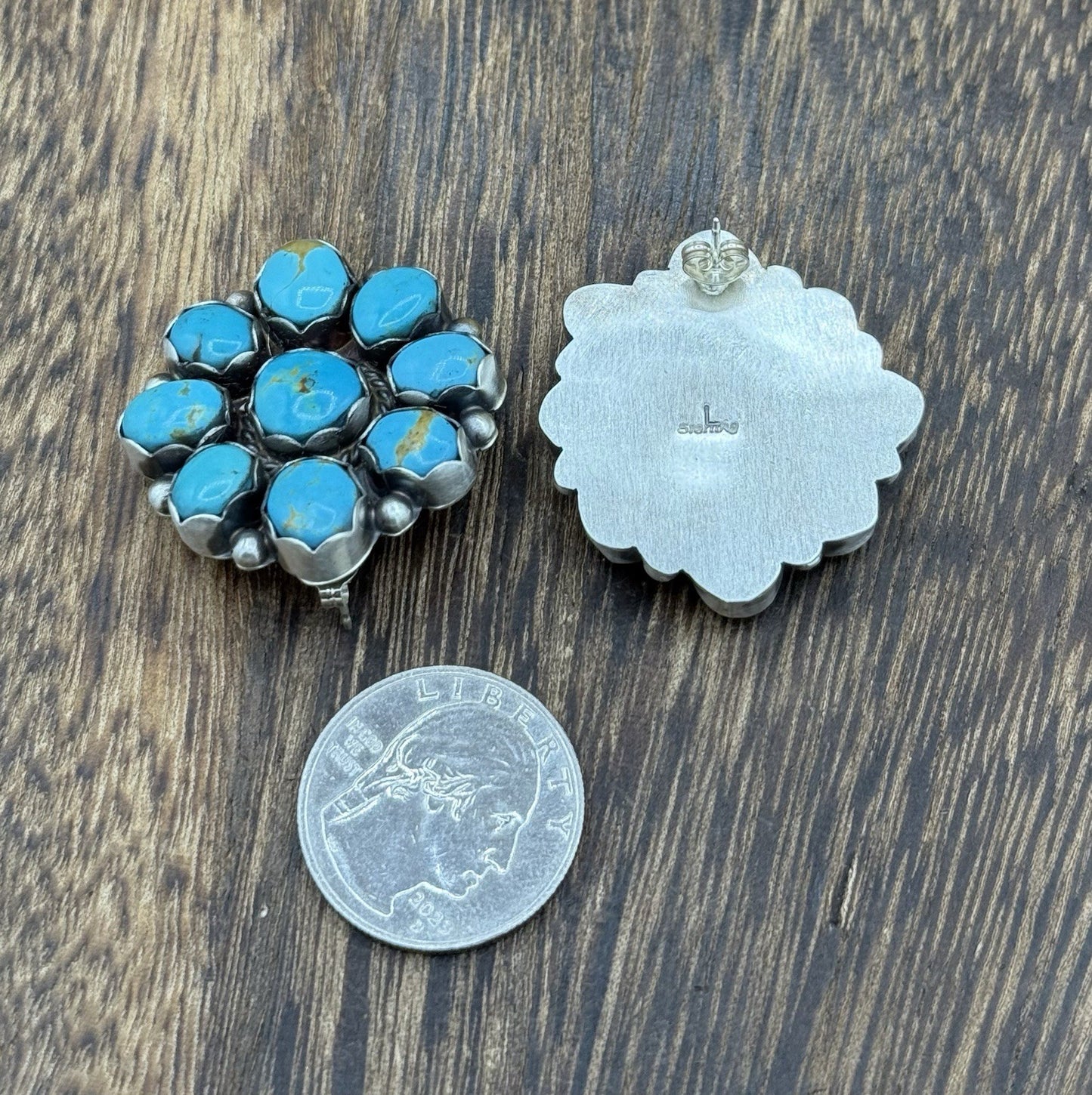 Native Navajo Handmade Sterling Silver Kingman Turquoise Cluster Post Earrings