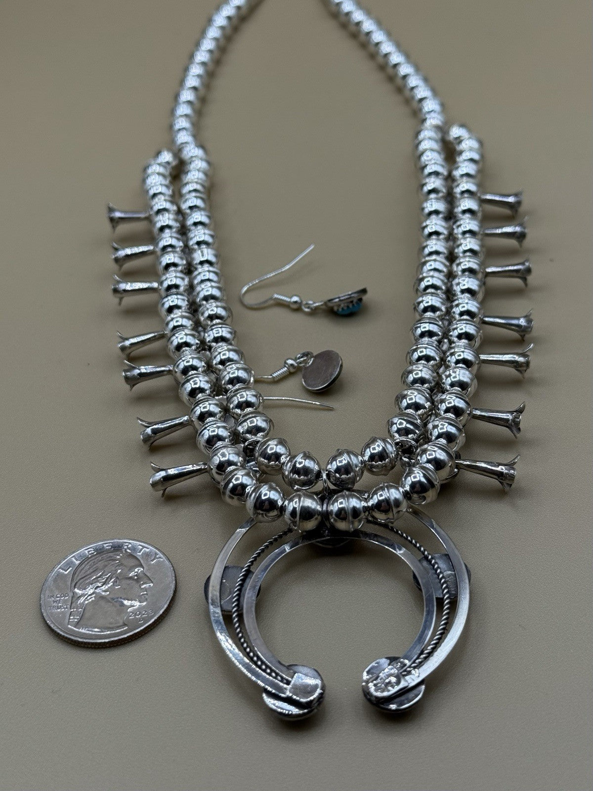 Native American Navajo Handmade Silver Kingman Turquoise Squash Blossom Set 18”