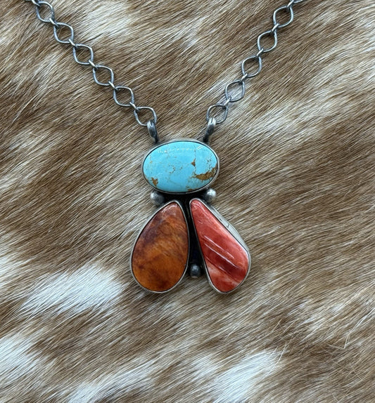 Navajo Handmade Sterling Silver Multi stone Turquoise  Cluster Bar Necklace 18”