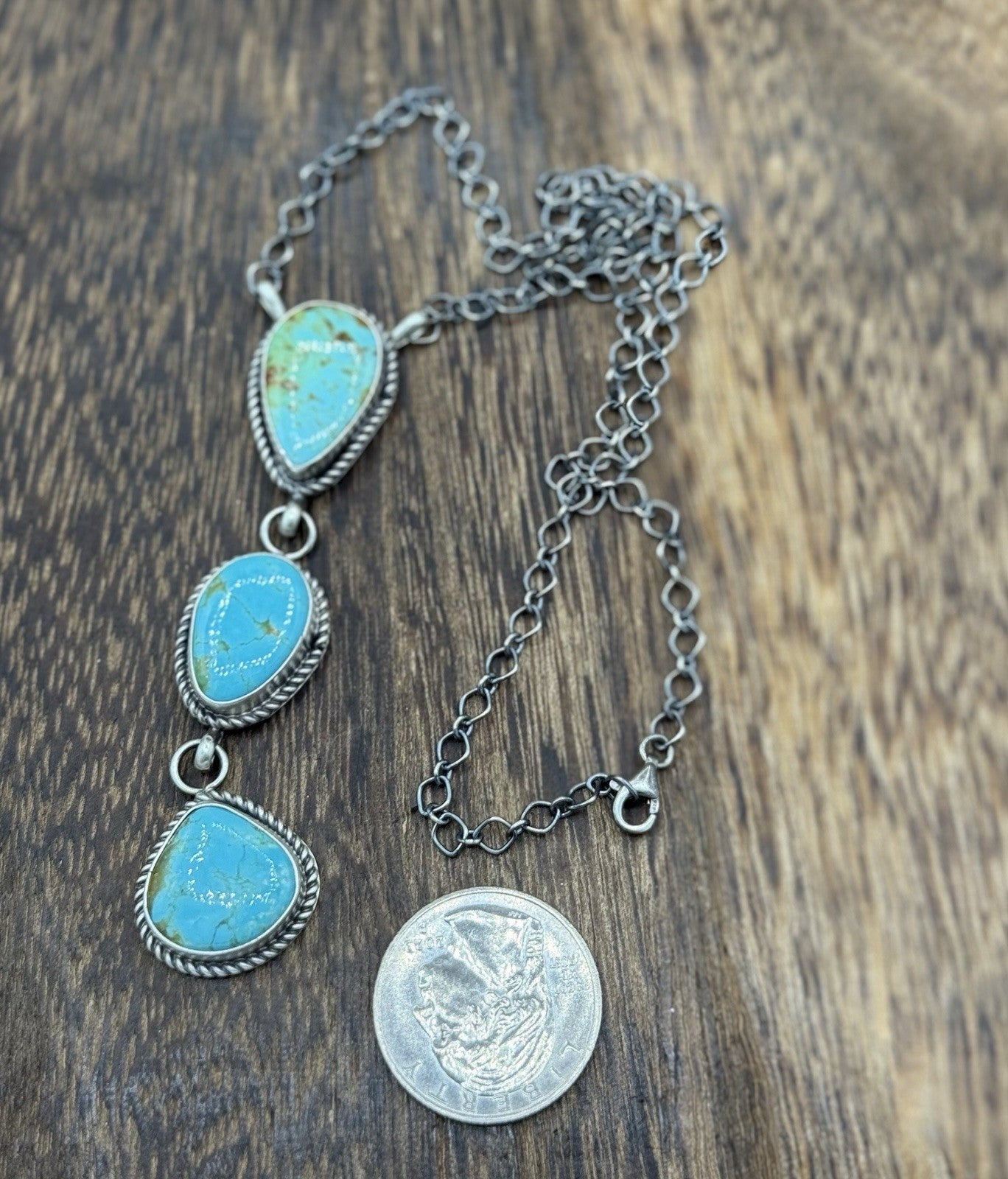 Native Navajo Handmade Sterling Silver Kingman Turquoise Lariat Necklace 18”