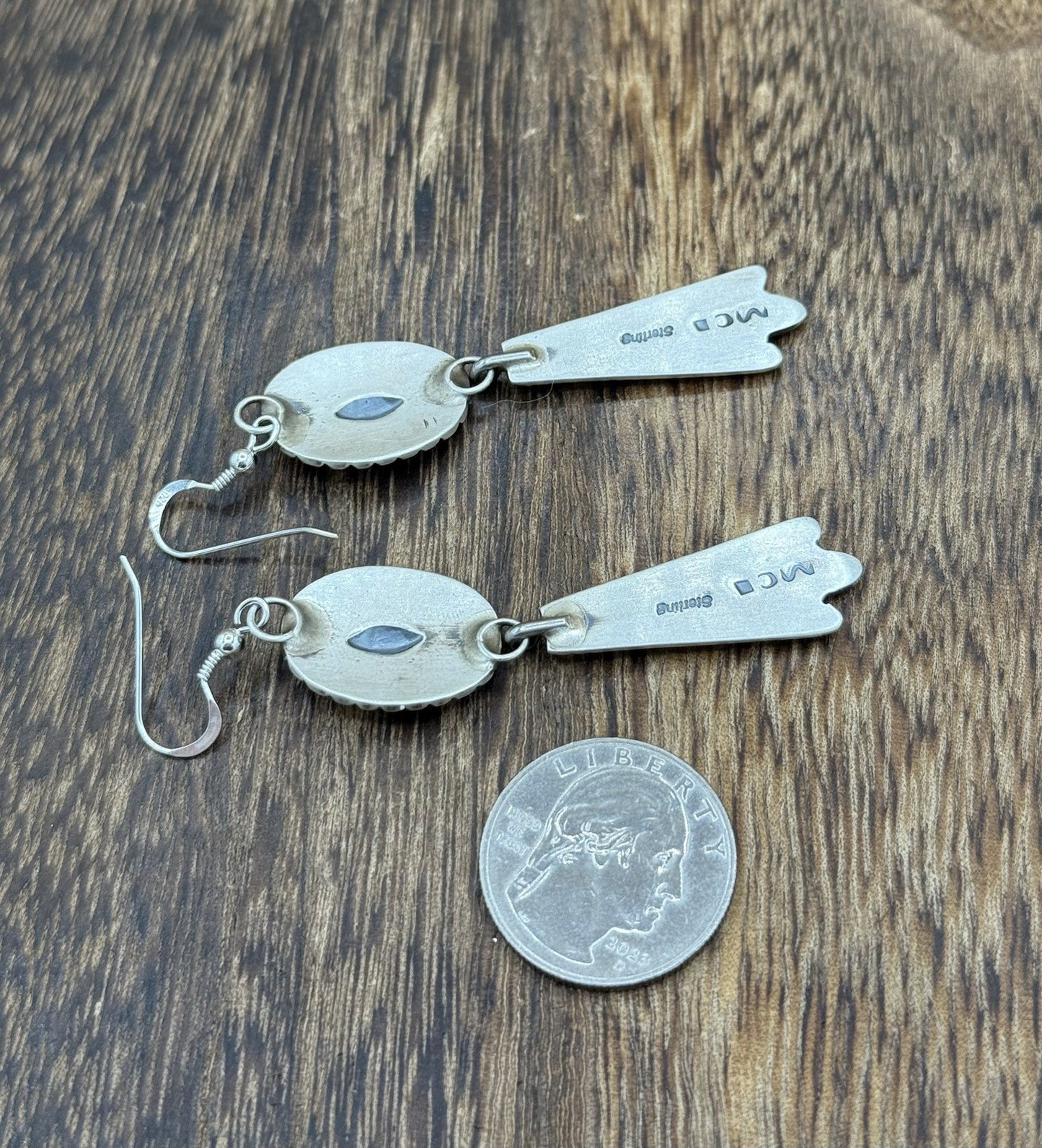 Navajo Handmade Sterling Silver Old Look Stamped Concho Design Dangle Earrings