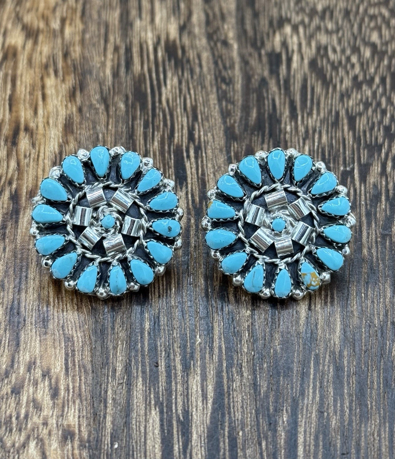 Native American Navajo Handmade Sterling Silver Turquoise Cluster Post earrings