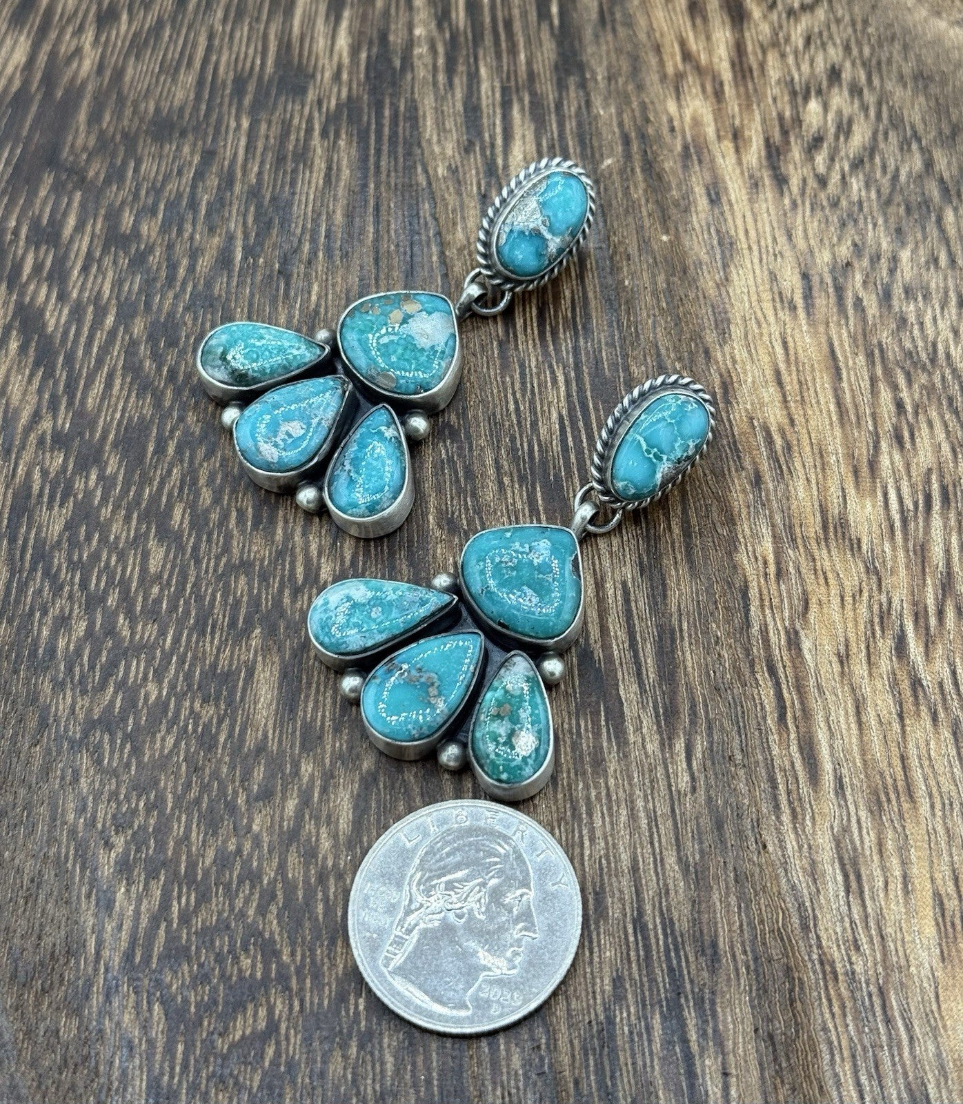 Navajo Handmade Sterling Silver Blue Bird Turquoise Cluster Post Dangle Earrings